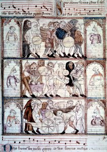Het charivari-feest voor het huwelijk van Fauvel. Processie van muzikanten en travestieten. Miniatuur uit het manuscript 