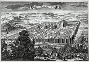 De stadsmuren van Babylon omringen de hangende tuinen en de toren van Babel door Unknown artist