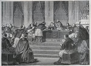 De geestelijkheid van Frankrijk en Italië ontmoette elkaar in Parijs voor de vergadering van de Franse Nationale Raad op 9 juni 1811, voorgezeten door kardinaal Fesch (1763-1839). door Unknown artist