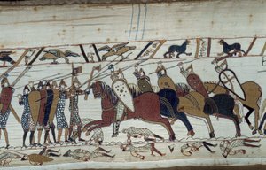 De verovering van Engeland door de Hertog van Normandië Willem de Veroveraar (1027-1087) in 1066: scène van de slag bij Hastings tussen de Normandische infanterie en de Saksische cavalerie Detail van het tapijt van Bayeux of Borduurwerk van Koningin Mathil door Unknown artist