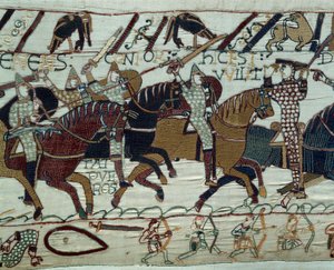 De verovering van Engeland door het leger van de hertog van Normandië Willem de Veroveraar (1027-1087): Hertog Willem wordt herkend door zijn soldaten door zijn helm op te tillen tijdens de slag bij Hastings (detail) door Unknown artist