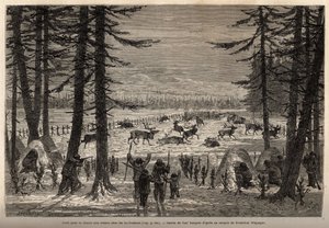 Het koraal voor rendierjacht in de Co-Yukon (co-Yukon of co-Youkouk) (Indiaanse stam van het uiterste noorden van Canada). Gravure ter illustratie van de reis en avonturen in Engels Colombia, Vancouver Island en Alaska, door Frederick Whymper door Unknown artist