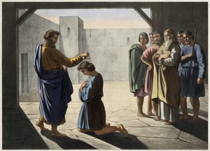 De kroning van David: Samuel wijst David aan als koning van Israël. Anonieme gravure uit de 19e eeuw.
