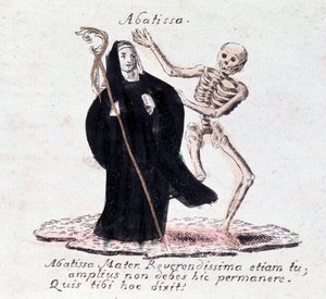 De dans van de dood, de abdis en een skelet door Unknown artist