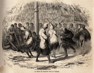 De dans van de bayente, of dans van de duivel, onder de Yahua-indianen van Peru, georganiseerd ter ere van de maan, vindt elk jaar plaats in een hut midden in het bos; na de ceremonie worden de hut, fluiten en trommels zorgvuldig verbrand. Gravure door Unknown artist