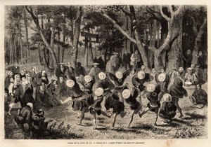 De dans van de rijstronde, die plaatsvindt in de 10e maand van het jaar, heeft betrekking op graangewassen. Gravure ter illustratie van de reis naar Japan, door Aime Humbert, minister van de Zwitserse Confederatie, in 1863-1864, gepubliceerd in 