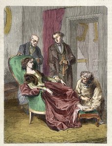 De dood van Hannah Greener veroorzaakt door inademing van te veel chloroform (anesthesie) - 1848 - Hannah GREENER, een 15-jarig meisje bezwijkt aan een syncope tijdens een chloroform anesthesie toegediend om een ingegroeide nagel te opereren - gravure door Unknown artist