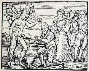 De duivel die mannen en vrouwen in gebed doopt - gravure door Unknown artist