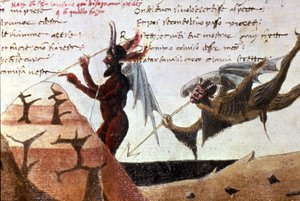 De duivels in een cirkel van de hel naar een handgeschreven editie van de Divina Commedia (Goddelijke Komedie) door Dante Alighieri (1265 - 1321) uit de 14e eeuw. Bibl.Trivulziana Milaan.