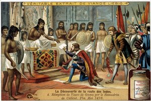 De ontdekking van de route naar Indië: Ontvangst van Vasco de Gama door de Samudrin van Calicut, eind mei 1498 - reclamevignet Liébig