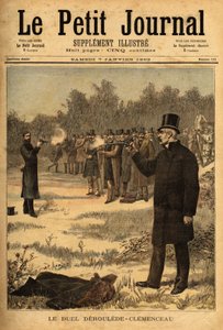 Het duel met het pistool (verboden in Frankrijk sinds 1626) tussen afgevaardigden Paul Deroulede (1846-1914) en Georges Clemenceau (1841-1929), geen schade. Gravure in Le petit journal 7/01/1893. Selva