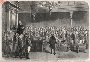 De hertog van Wellington (Arthur Wellesley (1769-1852)) staat aan de bar van het Lagerhuis om de felicitaties van de voorzitter te ontvangen voor zijn overwinning bij Vimeiro, Peninsulaire Oorlog door Unknown artist