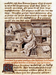 De geestelijke, kopiist en vertaler Jean Mielot (overleden 1472) werkt in zijn kantoor Pagina van een 15e-eeuws manuscript