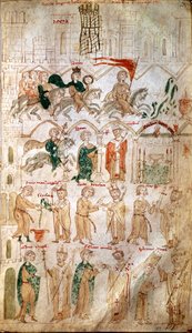 De intocht van Hendrik VI van het Heilige Rijk (1165-1197) in Rome en zijn kroning als keizer op 14/04/1191 door paus Celestin III. Pagina uit “Liber ad honorem Augusti” door Pietro da Eboli (Peter van Eboli) - (codex 120, fol 105) 13e eeuw Burgerbibli door Unknown artist