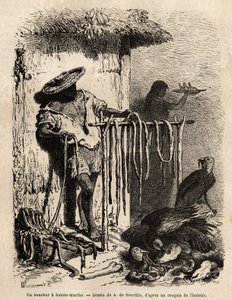 Het kraam van een slager in de buitenwijken van Sainte Martha (Santa Marta, Colombia), de ossen bloeden en de huid wordt zorgvuldig uitgerekt, het vlees wordt in stroken gesneden en gezouten en gedroogd, de rest, onbruikbaar, wordt op de grond gegooid en t door Unknown artist