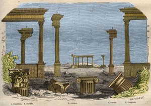 De vijf orden van klassieke (oude) architectuur: Korinthisch, Dorisch, Ionisch, Toscaans en samengesteld, elk vertegenwoordigd door een zuil. Gravure uit 1857 in 