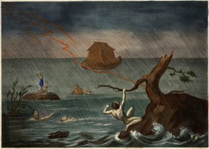 De zondvloed met de ark van Noach in de verte. Anonieme gravure uit het midden van de 19e eeuw