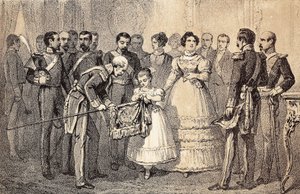 De toekomstige koningin van Spanje Isabella II (Isabella van Bourbon) (1830-1904) (Isabel II van Spanje) decoreert de vlag van de Speren van de Garde van de Orde van Sint Ferdinand (San Fernando). Lithografie. door Unknown artist
