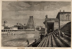 De ghat of heilige vijver van de Chillambaran-pagode, gelegen aan de Golf van Bengalen, nabij Pondichery (Pondicherry) (India); enkele gelovigen dalen de monumentale trap af om een bad te nemen of reinigende ablutions uit te voeren. Gravure ter illustratie door Unknown artist