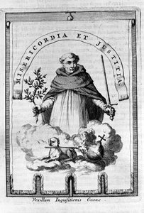 De gonfalon (gonfanon) van de Inquisitie in Goa, Portugese kolonie in India - Een Dominicaanse vertegenwoordiger draagt het embleem van de Inquisitie: een zwaard en een olijftak, symbool van straf, maar ook van vrede en gerechtigheid door Unknown artist