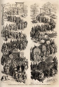 De grote processie van de Mikado (Keizer van Japan), in de dairi, het oude keizerlijke kasteel van Heian-kyo (Heian Kyo, het huidige Kyoto) van 794 tot 1869. Gravure ter illustratie van de reis naar Japan in 1863-1864, door Aime Humbert, minister van de Zw door Unknown artist