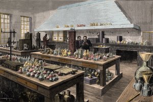 Het grote laboratorium van Louis Pasteur (1822-1895), Franse chemicus en bioloog, aan de École normale supérieure - Louis Pasteur in zijn laboratorium aan de École normale supérieure - Gravure door Meyer 1884 door Unknown artist