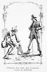 De grijze man rolt, om te winnen, de schaduw van Schlemihl - in "Het wonderbaarlijke verhaal van Peter Schlemihl" door Aldebert Von Chamisso