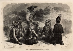 De inheemse bevolking van Xieng Hong (Laos), gekleed in traditionele kostuums, over hun jas, een fluwelen borststuk met versieringen, met een rok of korte broek compleet met een kleine versierde pet. Gravure ter illustratie van de ontdekkingsreis in Indoch door Unknown artist