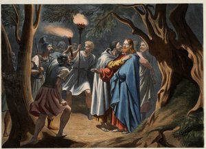 De kus van Judas in de Olijfhof. Anonieme gravure uit het midden van de 19e eeuw