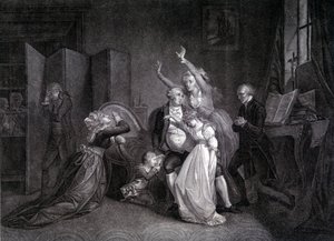 Het laatste gesprek van Lodewijk XVI met zijn familie (Marie Antoinette en Lodewijk XVII). Gravure uit de 19e eeuw door Unknown artist