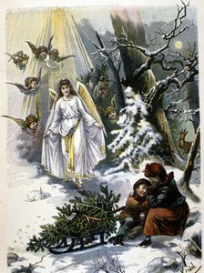 De legende van de kerstboom: verschijning van een engel. Illustratie uit de 19e eeuw.