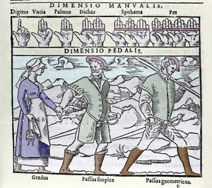 De lengtemaat gebruikt in de 16e eeuw. Boven: digitus (vinger of duim), palmus (handpalm of empan = 4 vingers), pes (voet = 4 vinnen). Onder: Gradus (enkele stap), Passus (dubbele stap) simplex en Passus geometricus. Gravure uit de Cosmographia door Petrus