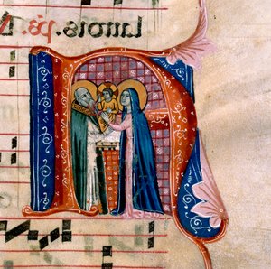 De letter "N" met een afbeelding van de Presentatie in de Tempel: f.36v van het Antifonarium