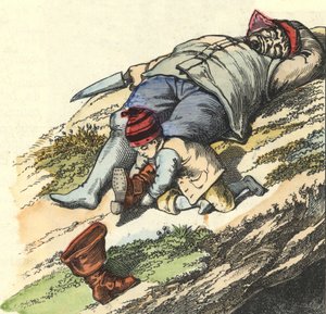 Klein Duimpje steelt de laarzen van 7 mijlen van de slapende oger. Illustratie van het sprookje 