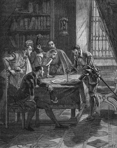 De maarschalk van Vieilleville plant zijn dolk in een patent waarmee de koning van Frankrijk Hendrik II (1519-1559) hem en de vijf heren in de kamer het recht gaf op de confiscatie van alle woekeraars en lutheranen van Guienne, Limousin, Quercy en S door Unknown artist