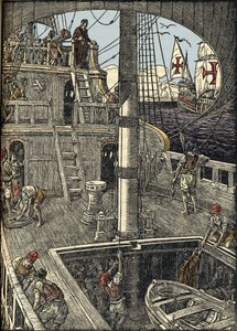 De navigator Christopher Columbus (1451-1506) aan boord van zijn karveel.