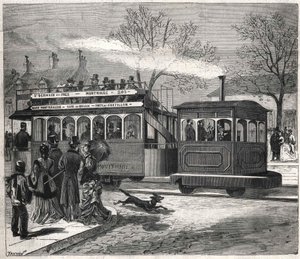 De nieuwe stoomtrams in Parijs in 1876 rijden op de lijn van Saint-Germain-des-Prés bij de poort van Chatillon, gravure Bianchetti collectie. door Unknown artist