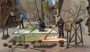 De schilder-decorateur van theaters. Chromolithografie uit het einde van de 19e eeuw