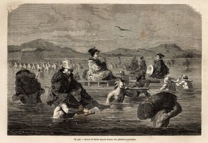 De oversteek van een doorwaadbare plaats, met presentatie van de manieren om passagiers en bagage te vervoeren door Unknown artist