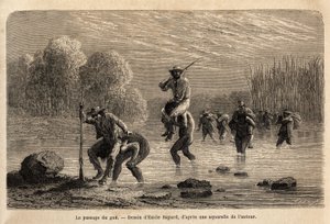 De doorgang van de gue, de Siriniris-indianen, stellen spontaan voor om de leden van de expeditie op hun schouders te dragen, om hen over de vijvers te laten oversteken die zich aan de voet van de berg Basiri (Peru) hebben gevormd. Gravure ter illustratie  door Unknown artist