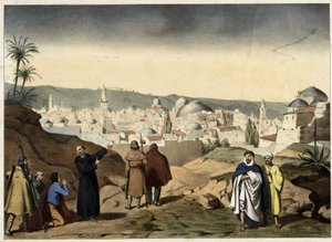 De pelgrims arriveren in de stad Jeruzalem. Anonieme gravure uit het midden van de 19e eeuw - in “Groot Catechismus van Families”. door Unknown artist
