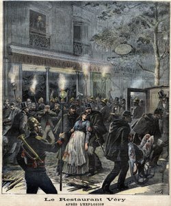 Het restaurant Very (24 Boulevard Magenta in Parijs) na de explosie veroorzaakt door de aanslag van de anarchist Francois Koenigstein alias Ravachol (1859 - 1892) op 30 maart 1892. In "Le Petit Journal"