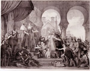 De terugkeer van Christoffel Columbus naar Spanje voor koning Ferdinand II van Aragon en Isabella I van Castilië (de Katholieke) na de ontdekking van Amerika. Gravure uit de 19e eeuw door Unknown artist