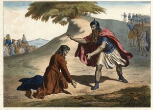 De terugkeer van Jacob en zijn ontmoeting met Esau - Jacob keert terug naar Kanaän met zijn vrouwen en kinderen: hij ontmoet zijn broer Esau. Gravure uit de helft van de 19e eeuw