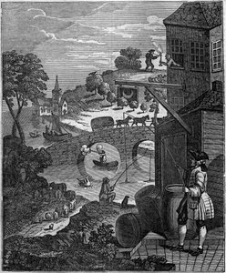 Het belachelijke perspectief Satirische illustratie door William Hogarth (1697-1764) die de kunst van het perspectief van schilders bespot door de vlakke niveaus van objecten en personen voor te stellen die in werkelijkheid onmogelijk zijn vanwege afstande door Unknown artist