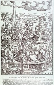 De ronde tafel van ondeugden: spel, hebzucht, lust, trots... (gravure 1546) door Unknown artist