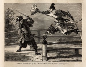 De samoerai Yashitsune in balans op de barrière van een brug, valt een samoerai in harnas aan. Gravure ter illustratie van de reis naar Japan, in 1863-1864, door Aime Humbert, minister van de Zwitserse Confederatie, in 