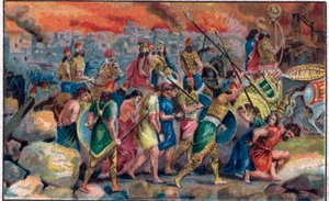 Het beleg van de stad Jeruzalem door koning Nebukadnezar II van Babylon in 586 v.Chr. en de vernietiging van de stad en de tempel van Jeruzalem. Chromolithografie uit de late 19e eeuw. door Unknown artist