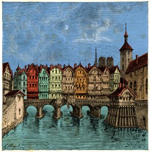 De kleine brug die later de Pont au Change in Parijs werd in de Middeleeuwen, gravure 19e eeuw door Unknown artist
