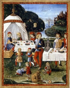 De snack van Maximiliaan Sforza (1490 - 1530) in het park. Miniatuur uit een 15e-eeuws manuscript. Milaan, Biblioteca Trivulziana door Unknown artist
